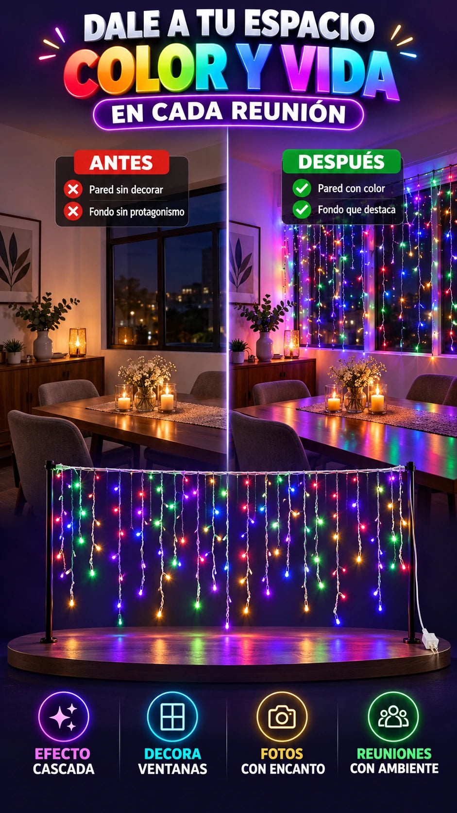 Cortina de Luces LED RGB — Dale color y ambiente a tus espacios