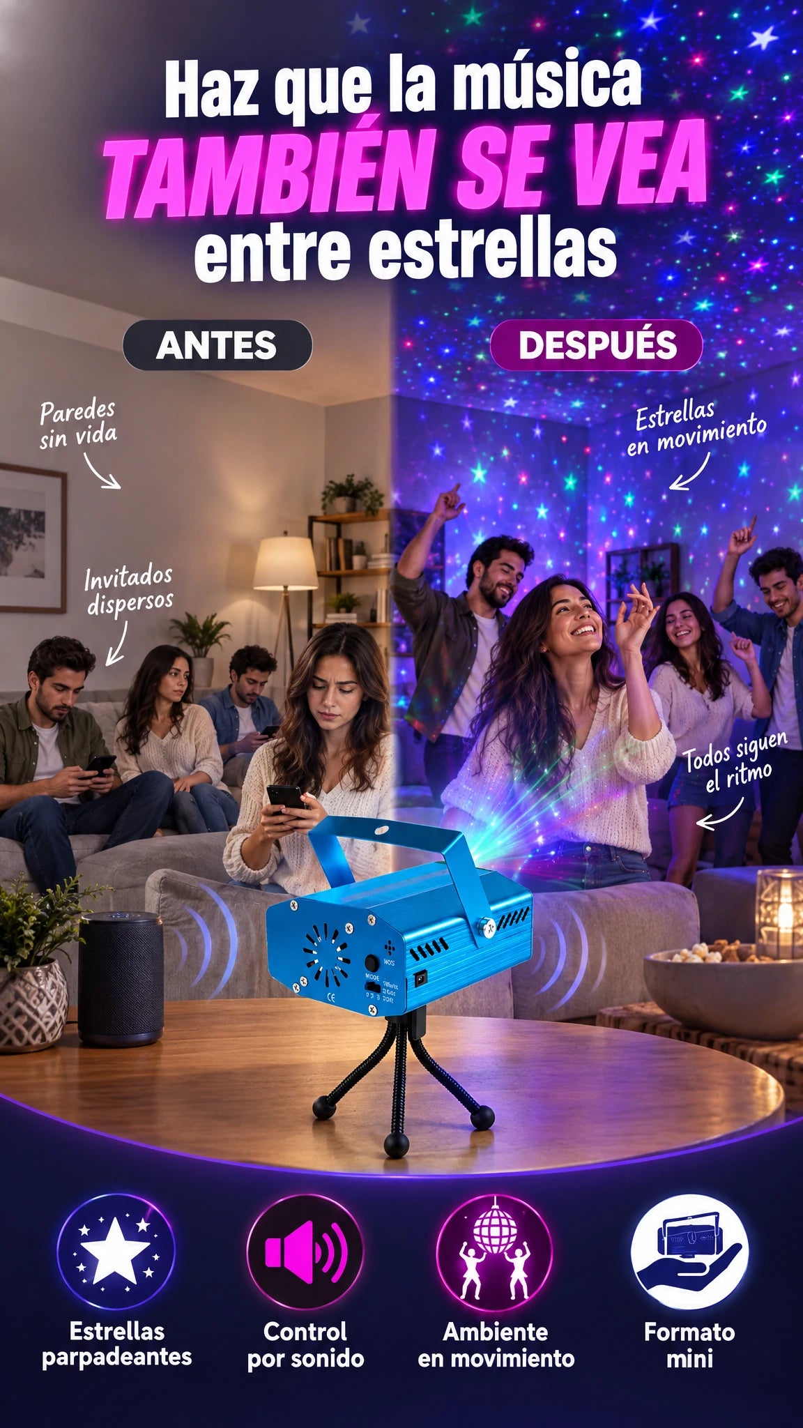 Mini proyector láser con control por sonido — Haz que la música también se vea entre estrellas parpadeantes