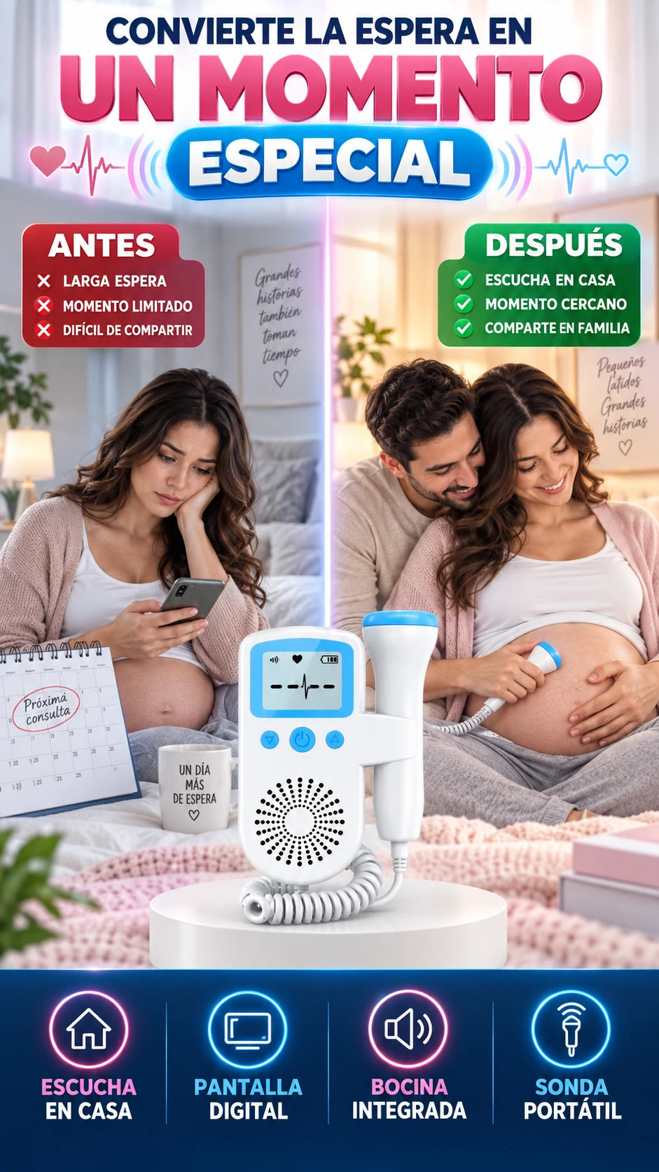 Detector Fetal Doppler Digital — Escucha sus latidos desde casa