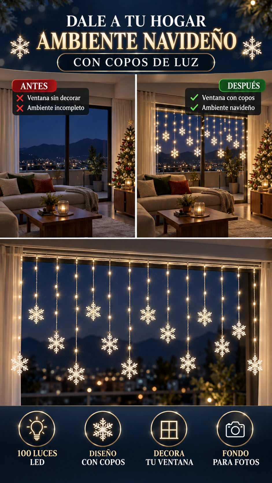 Cortina de Luces LED con Copos de Nieve — Dale ambiente navideño a tu hogar
