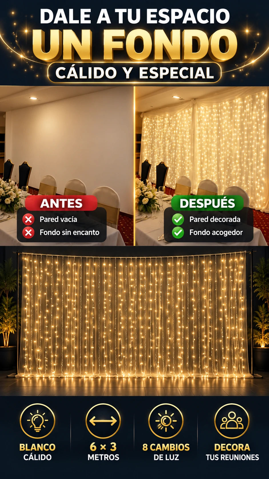 Cortina de Luces LED 6 × 3 m — Dale un fondo cálido a tus espacios