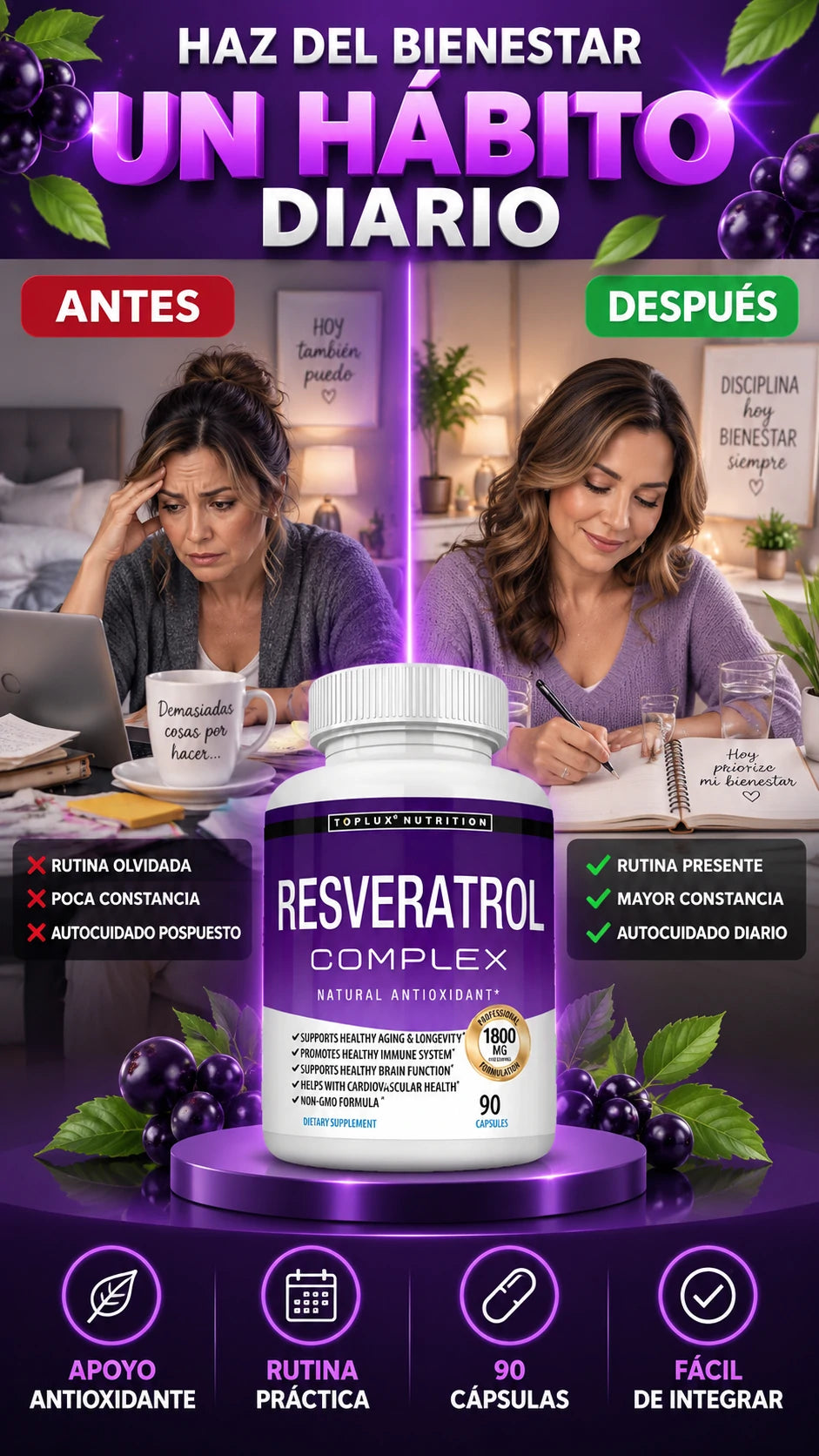 Suplemento Resveratrol Complex Toplux con 90 Cápsulas — Complementa tu bienestar antioxidante