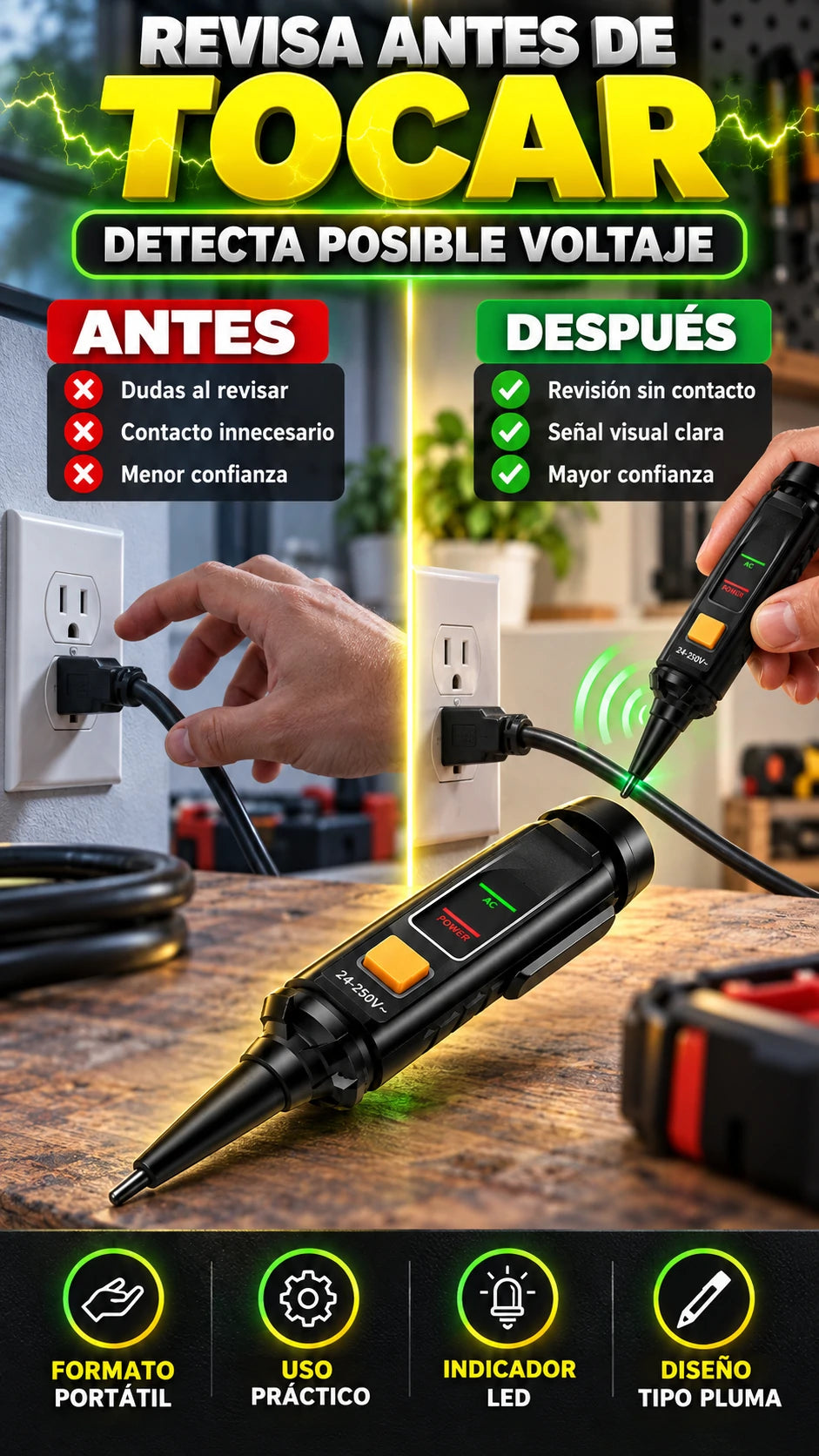 Detector de Voltaje Sin Contacto con Indicador LED — Revisa conexiones con mayor confianza