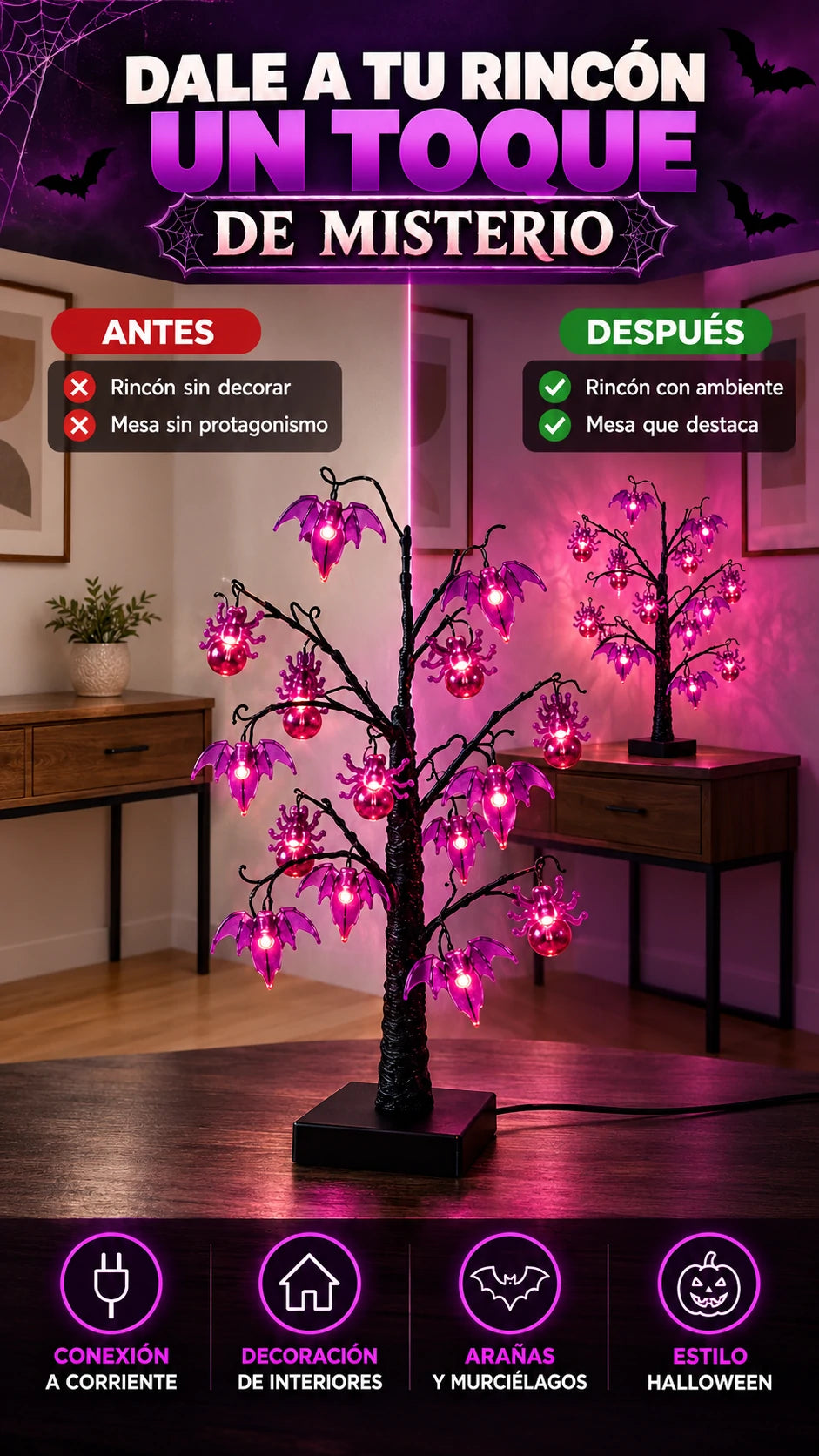 Árbol Decorativo LED con Arañas y Murciélagos — Dale un toque misterioso a Halloween