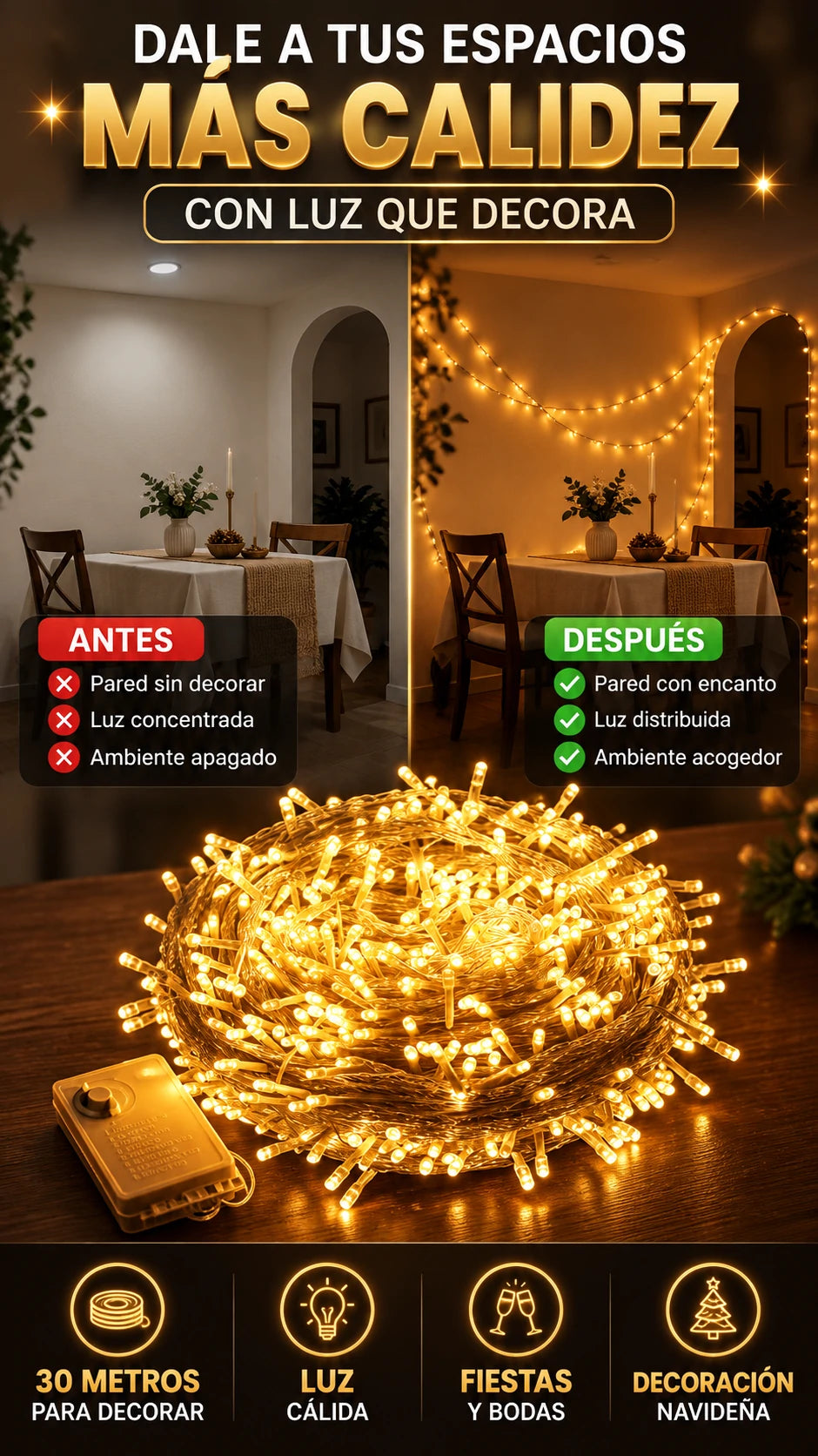 Guirnalda de Luces LED Cálidas de 30 Metros — Dale calidez a tus espacios