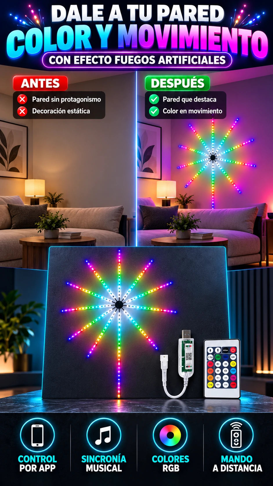 Luces LED RGB Efecto Fuegos Artificiales — Dale color y movimiento a tu espacio