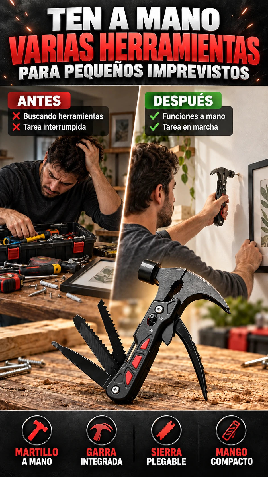 Herramienta Plegable con Martillo y Garra — Ten lo esencial a mano