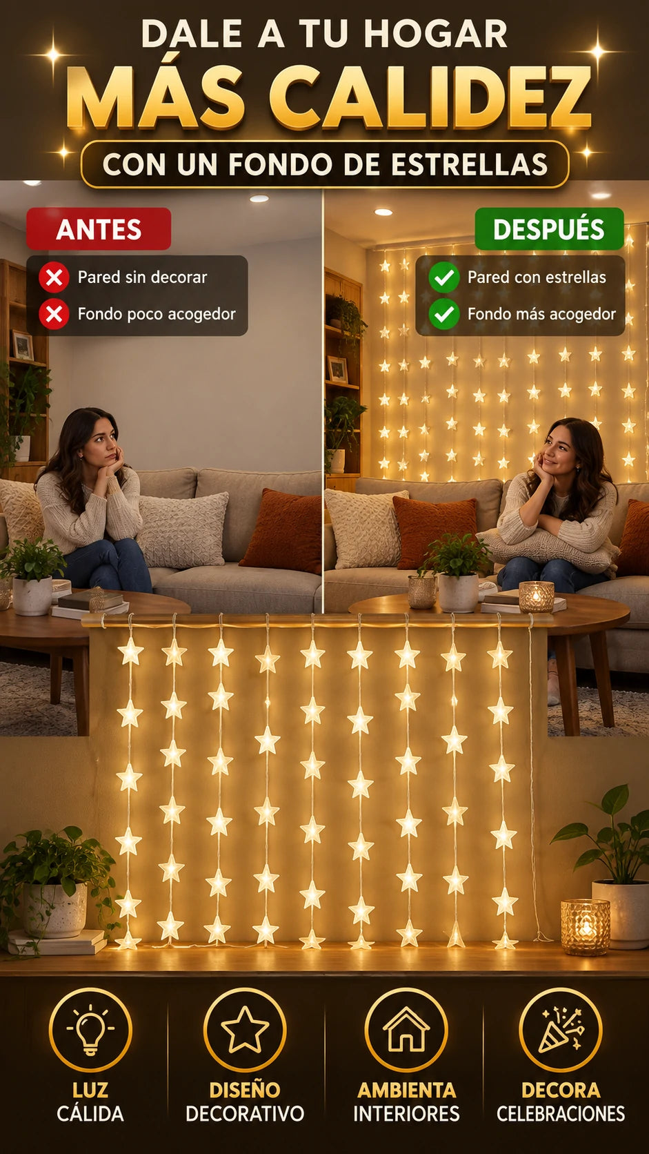 Cortina de luces LED cálidas en forma de estrellas — Dale calidez a tus espacios