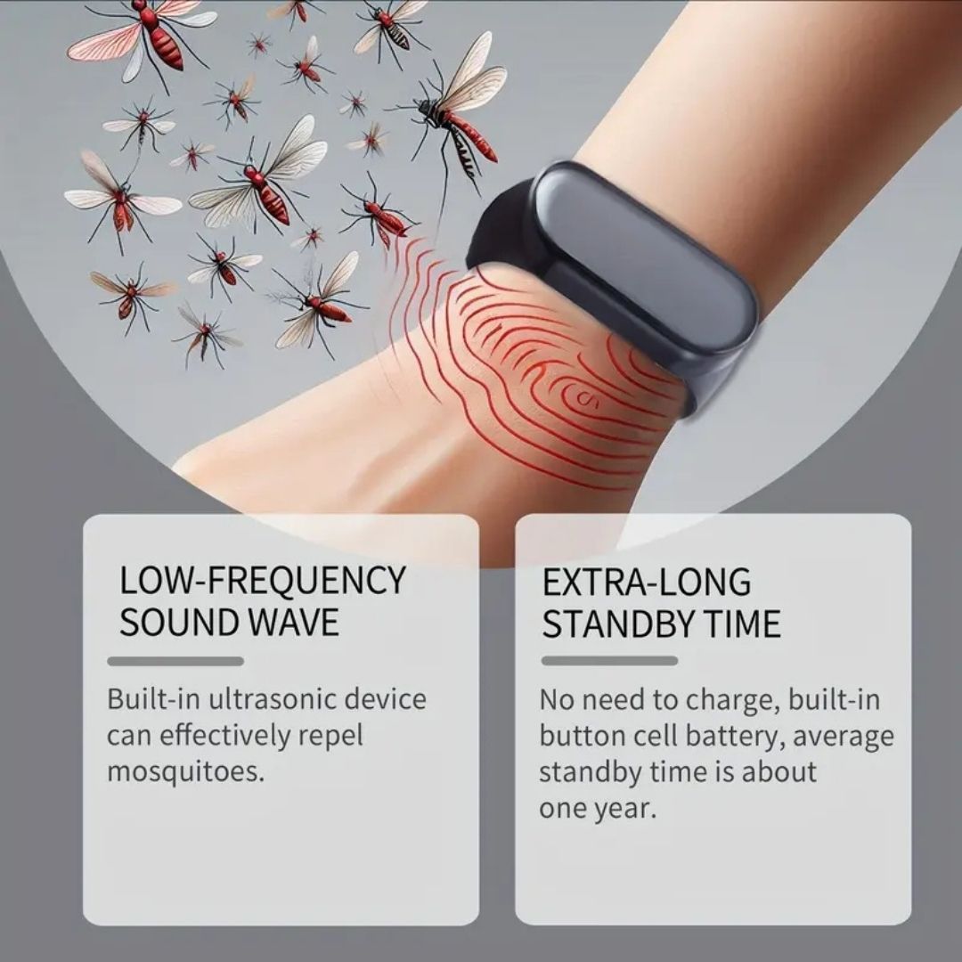 Muñequera Repelente de Mosquitos Electrónica Negra – Diseño Cómodo, Detergente de Insectos, No Tóxico, Unisex para Pesca y Actividades al Aire Libre | Portátil Físico