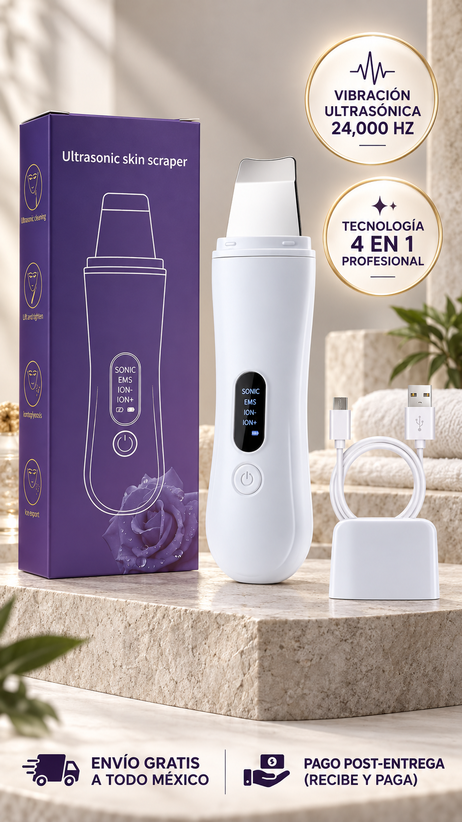 Limpiador Facial Ultrasónico 4 en 1: Poros Limpios y Libres de Impurezas sin Lastimar su Piel