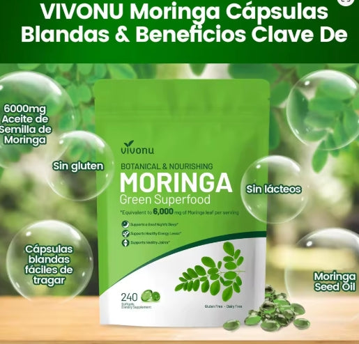Cápsulas de Moringa - Polvo Puro de Moringa Superalimento para el metabolismo, energía, salud de la piel, inmunidad y salud intestinal. Rico en antioxidantes, fomenta el sueño.