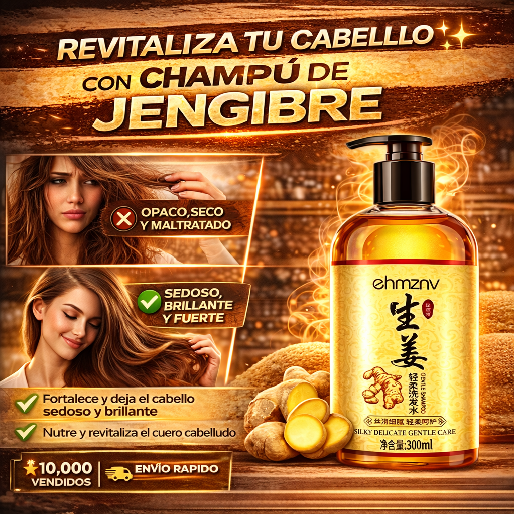champú de jengibre de la marca Ehmznv, diseñado para ofrecer un cuidado suave y dejar el cabello sedoso.