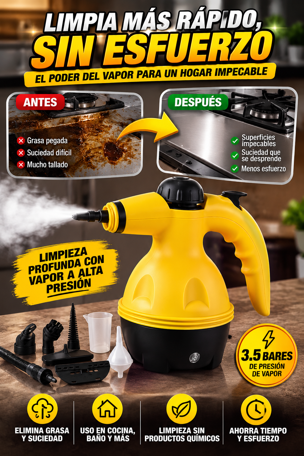 Limpiador a Vapor Portátil — Afloja suciedad con menos esfuerzo