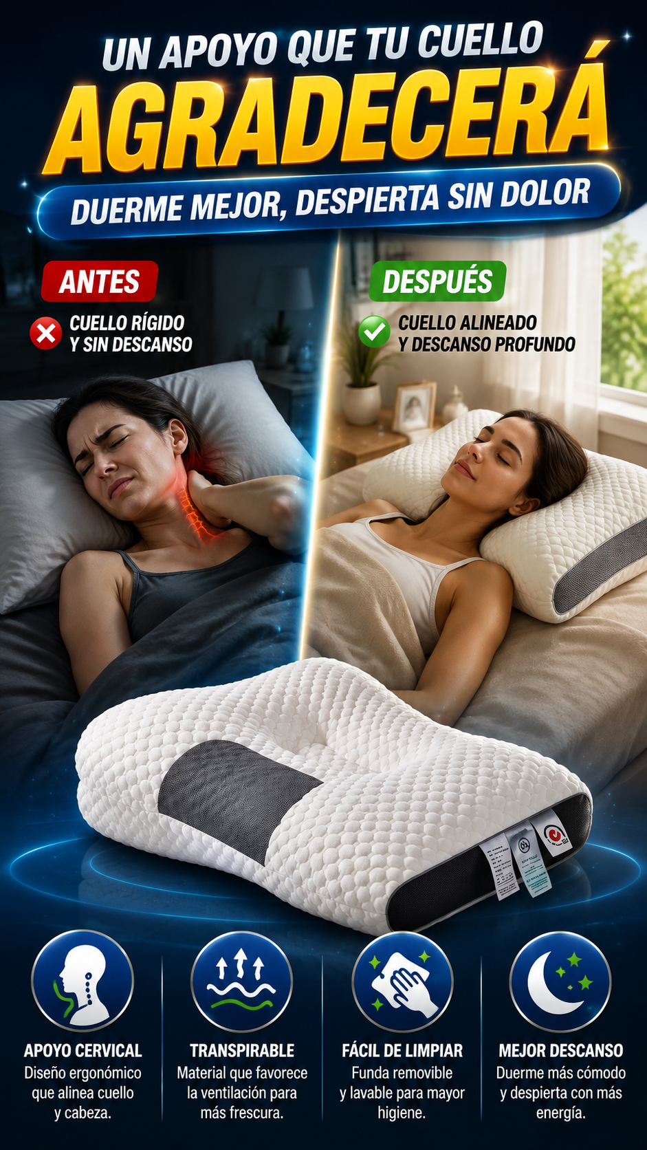 Almohada Cervical Ergonómica 3D — Apoya cuello y cabeza al descansar