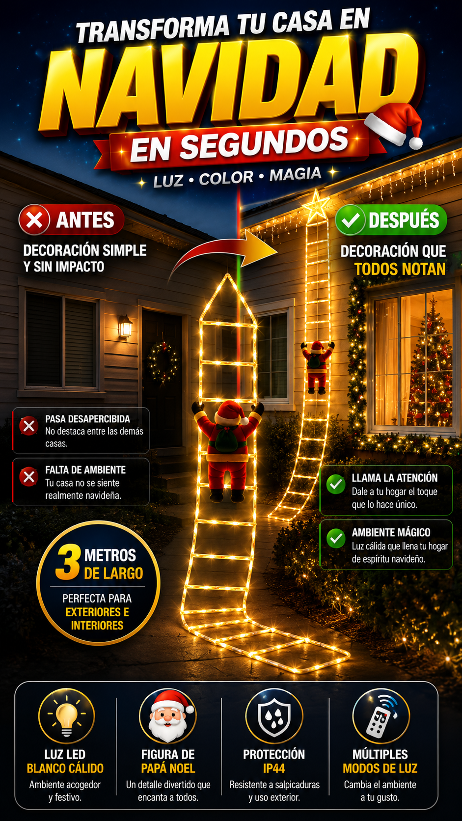 Escalera Navideña LED con Santa — Transforma tu decoración en segundos