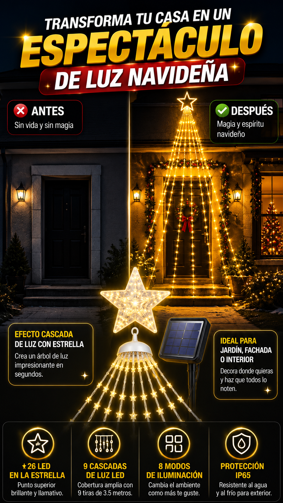 Cascada de Luces LED con Estrella — Transforma espacios con luz navideña