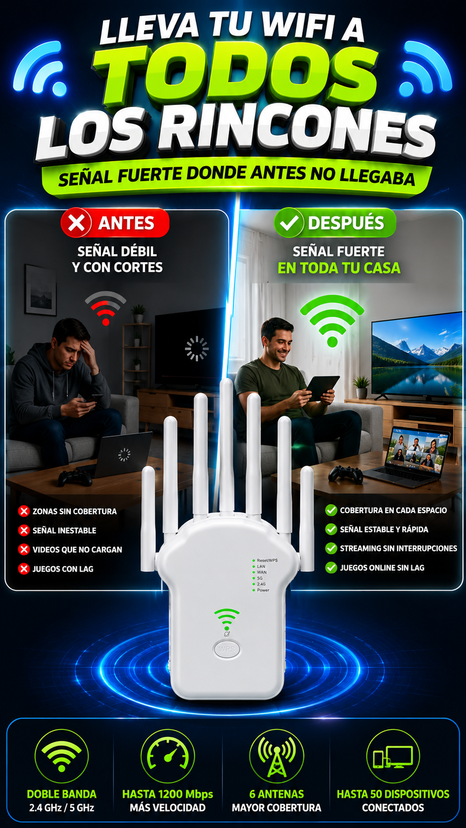 Repetidor WiFi de Doble Banda — Amplía la cobertura de tu red