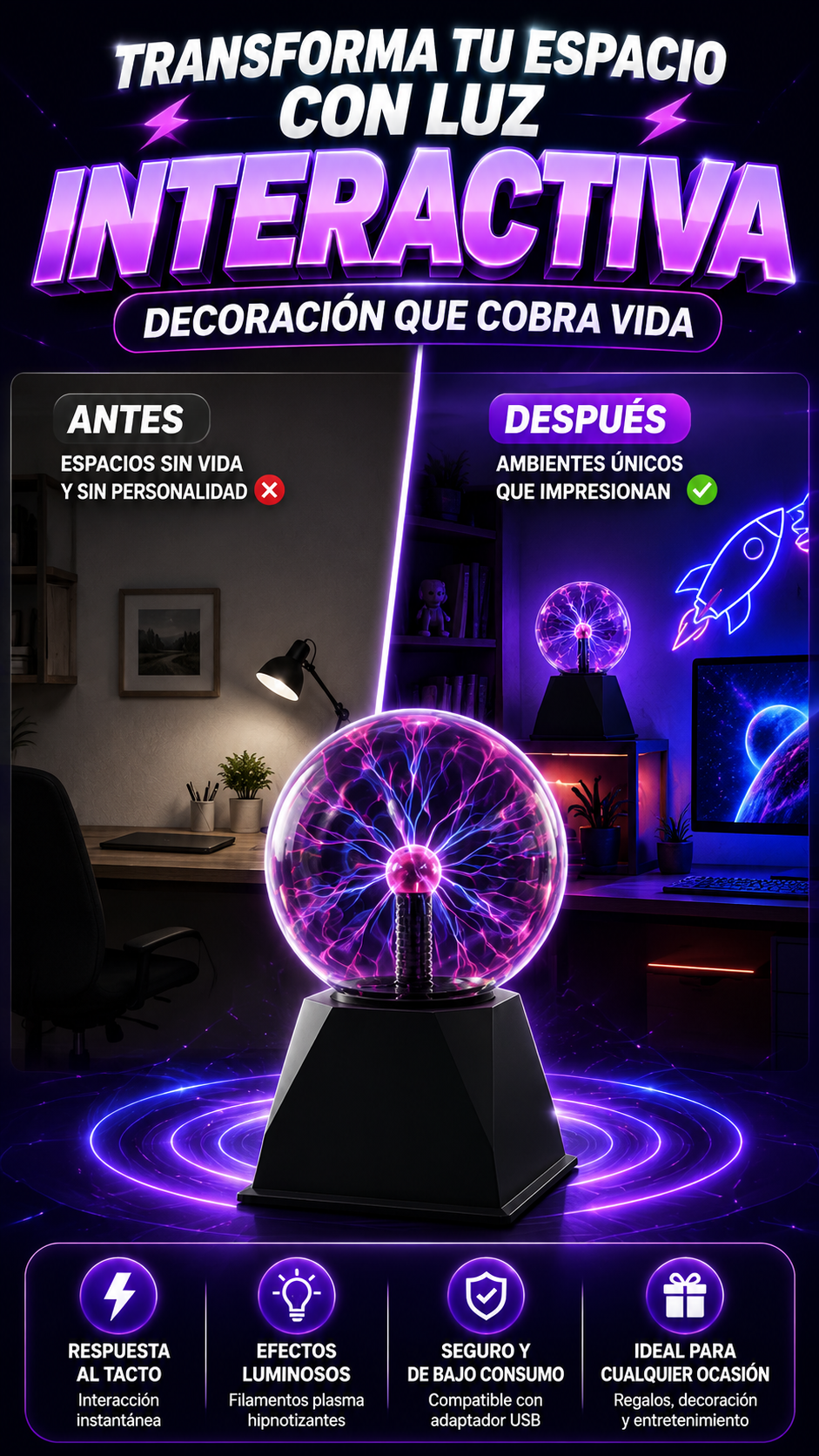 Lámpara Bola de Plasma de 8 Pulgadas — Transforma tu espacio con luz interactiva