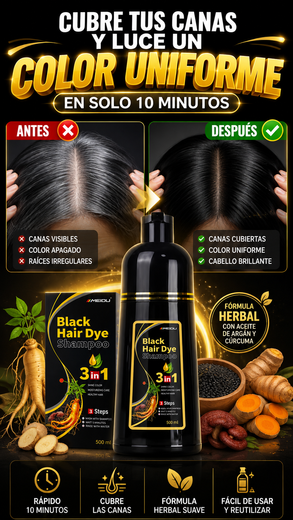 Champú Colorante 3 en 1 — Cubre visualmente las canas con facilidad