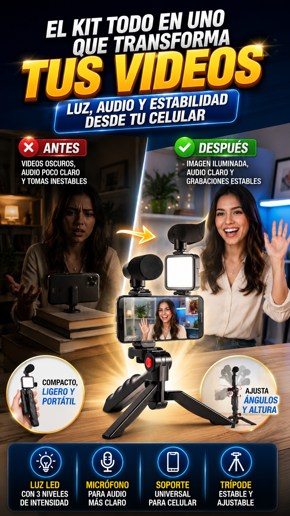 Kit de Vlogging AY-49 con Luz LED y Micrófono — Mejora tus grabaciones desde el celular