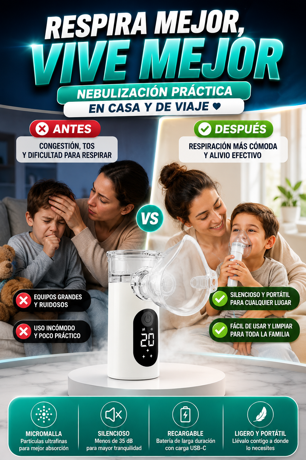 Nebulizador de Micromalla con Pantalla Digital — Nebulización práctica en casa y viaje