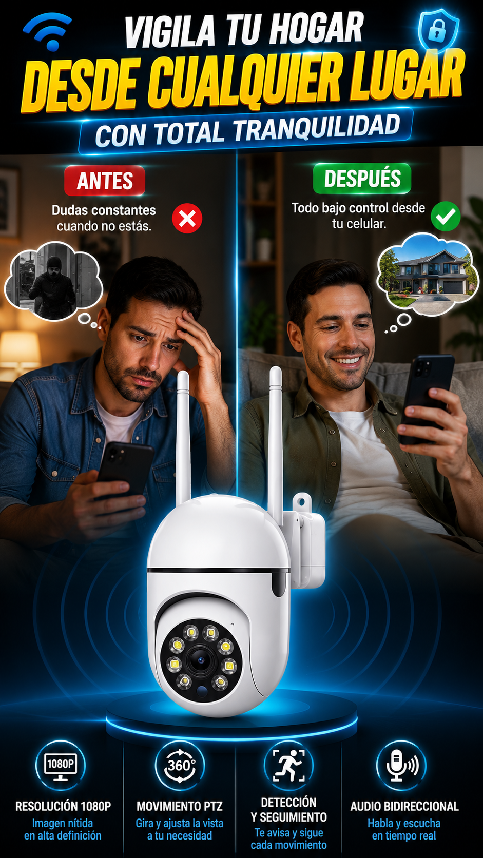 Cámara de Seguridad IP WiFi 1080P PTZ — Vigila tu hogar desde cualquier lugar 0