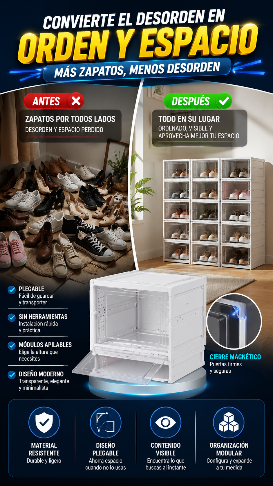 Zapatero Plegable Modular de Plástico Transparente — Organiza más ocupando menos espacio