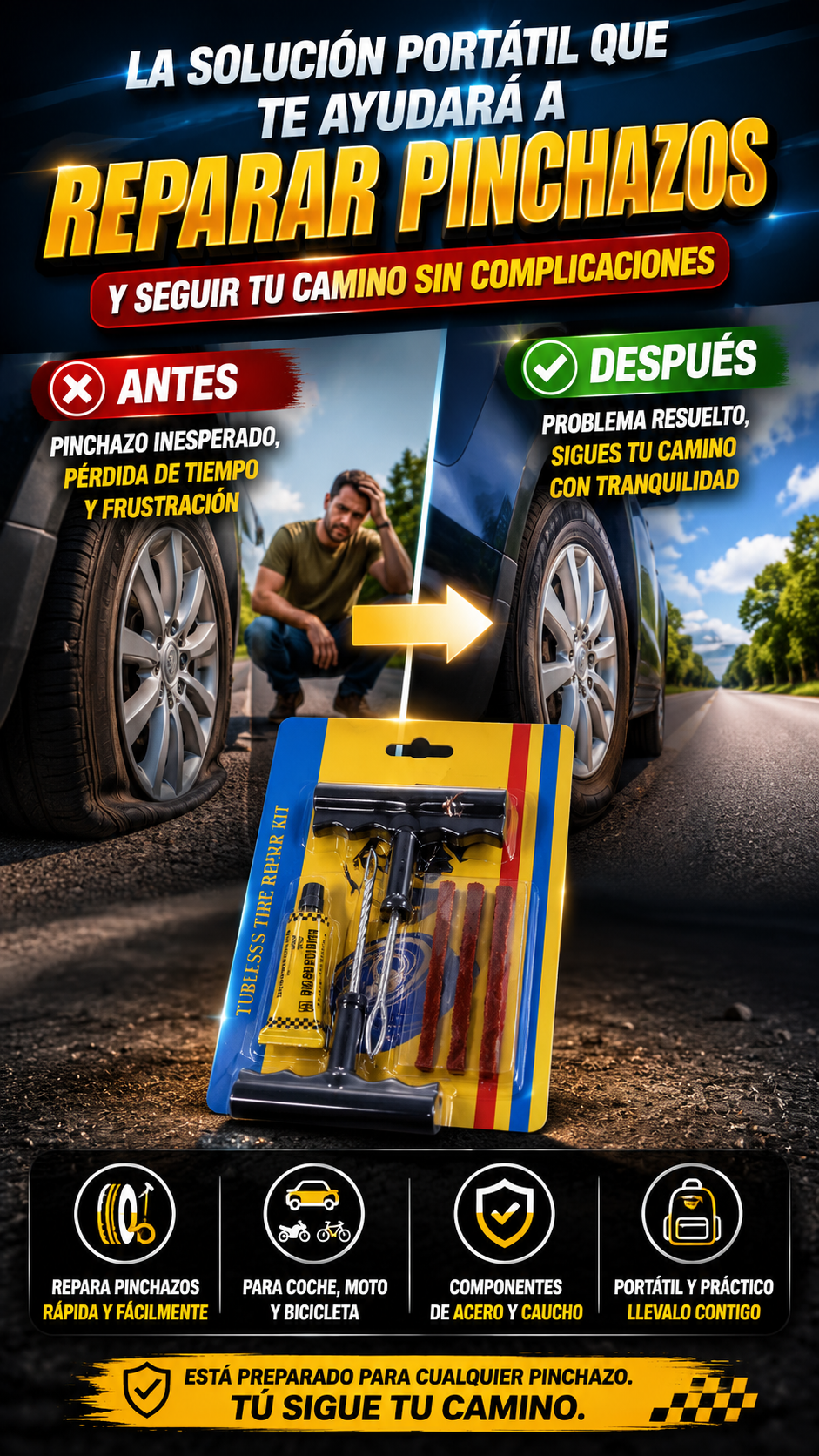 Kit de Reparación de Pinchazos para Neumáticos sin Cámara — Repara pinchazos donde estés