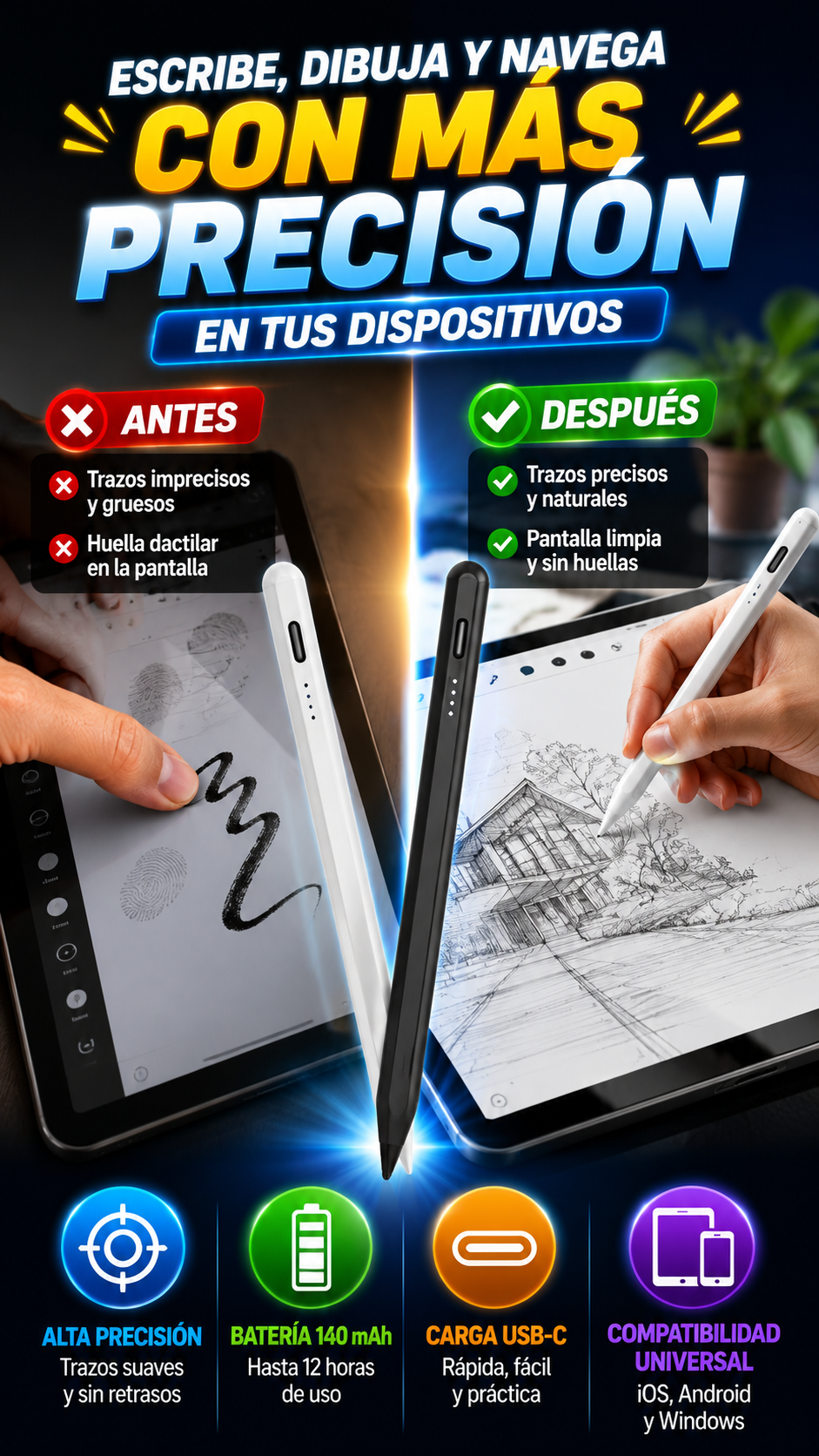 Lápiz Óptico Capacitivo Activo — Escribe y dibuja con mayor precisión