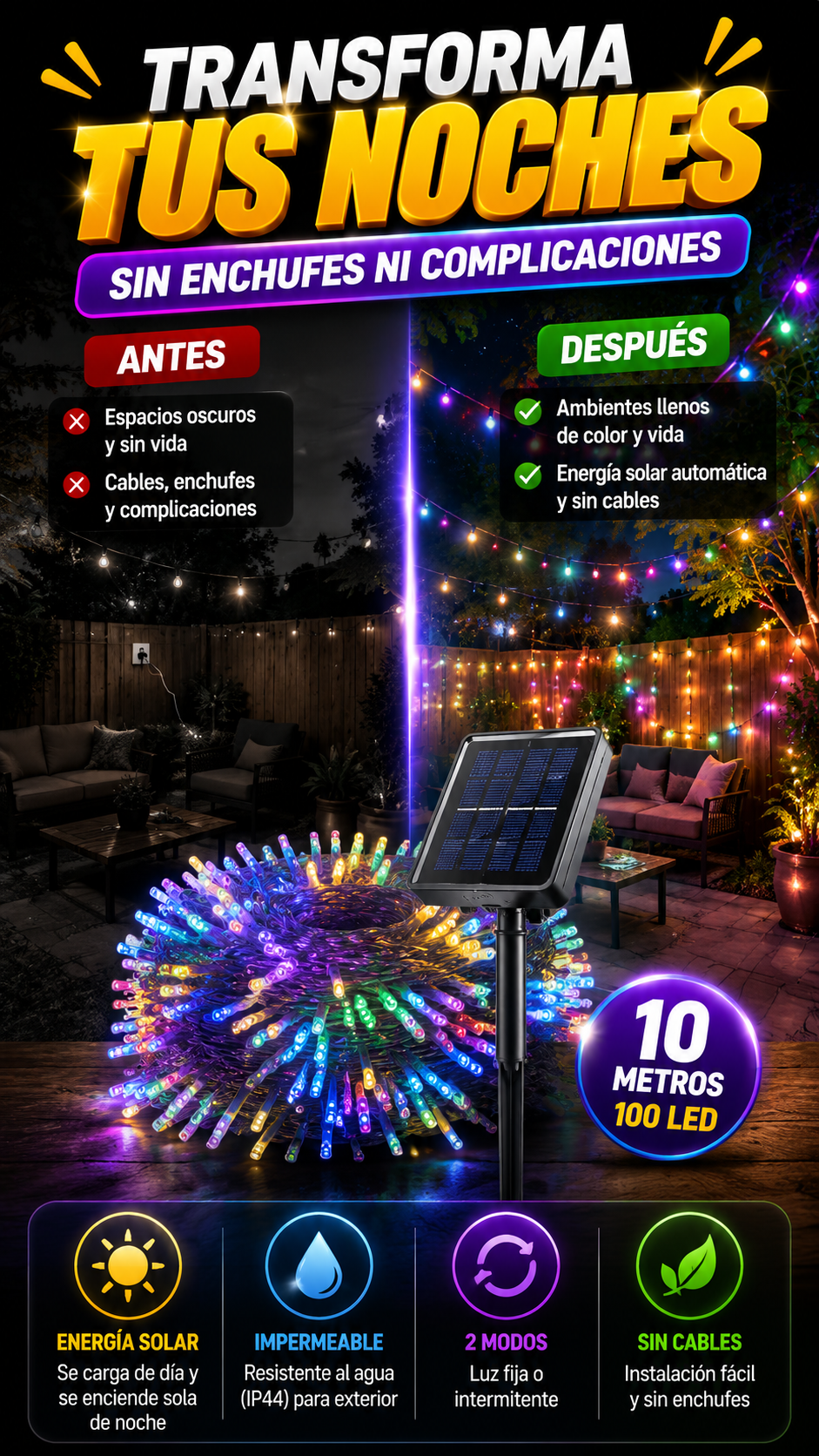 Guirnalda de Luces LED Solares de 10 m — Ilumina tus exteriores sin enchufes