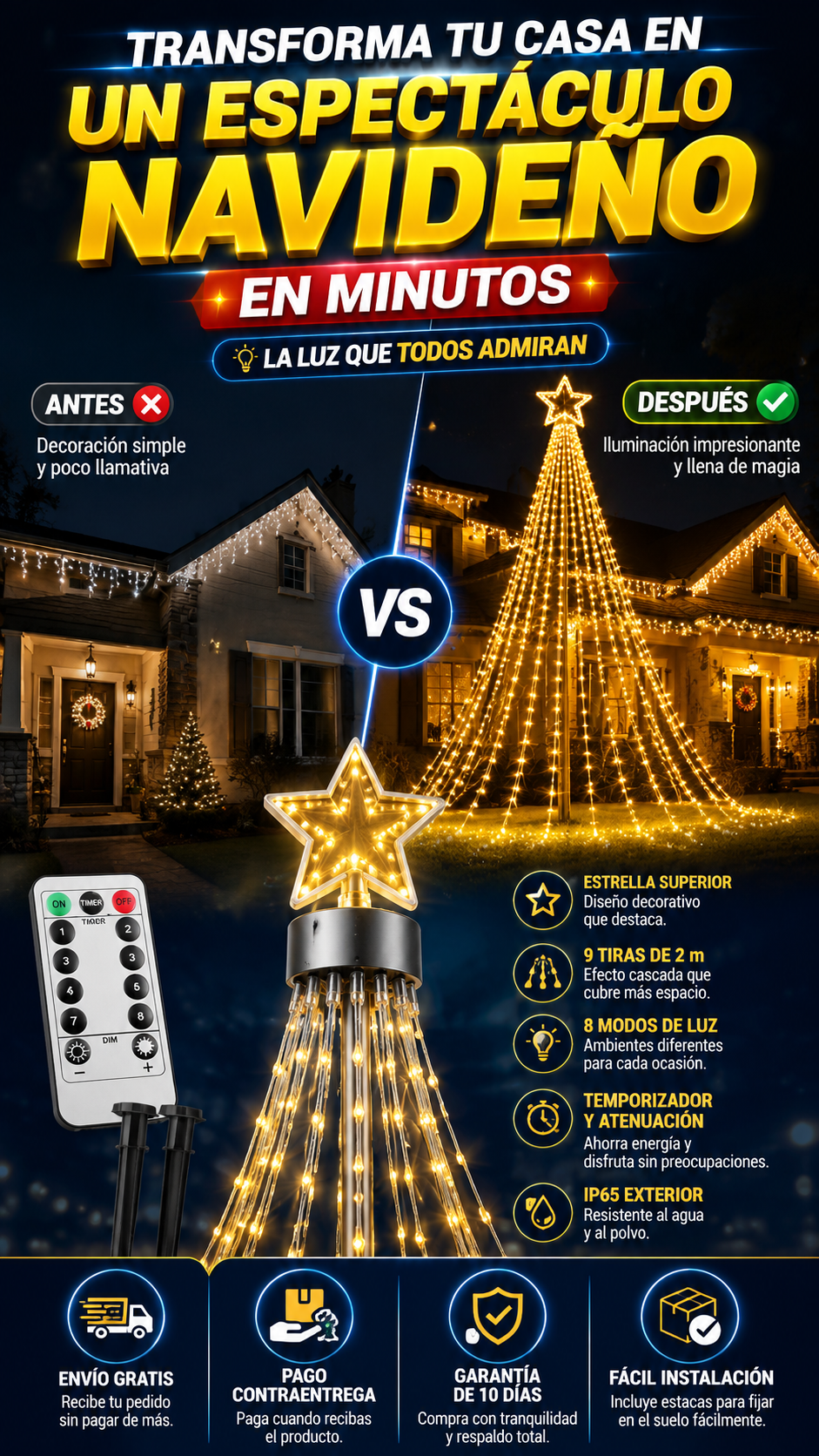 Guirnalda LED Navideña de Cascada con Estrella — Ilumina tu Navidad en minutos