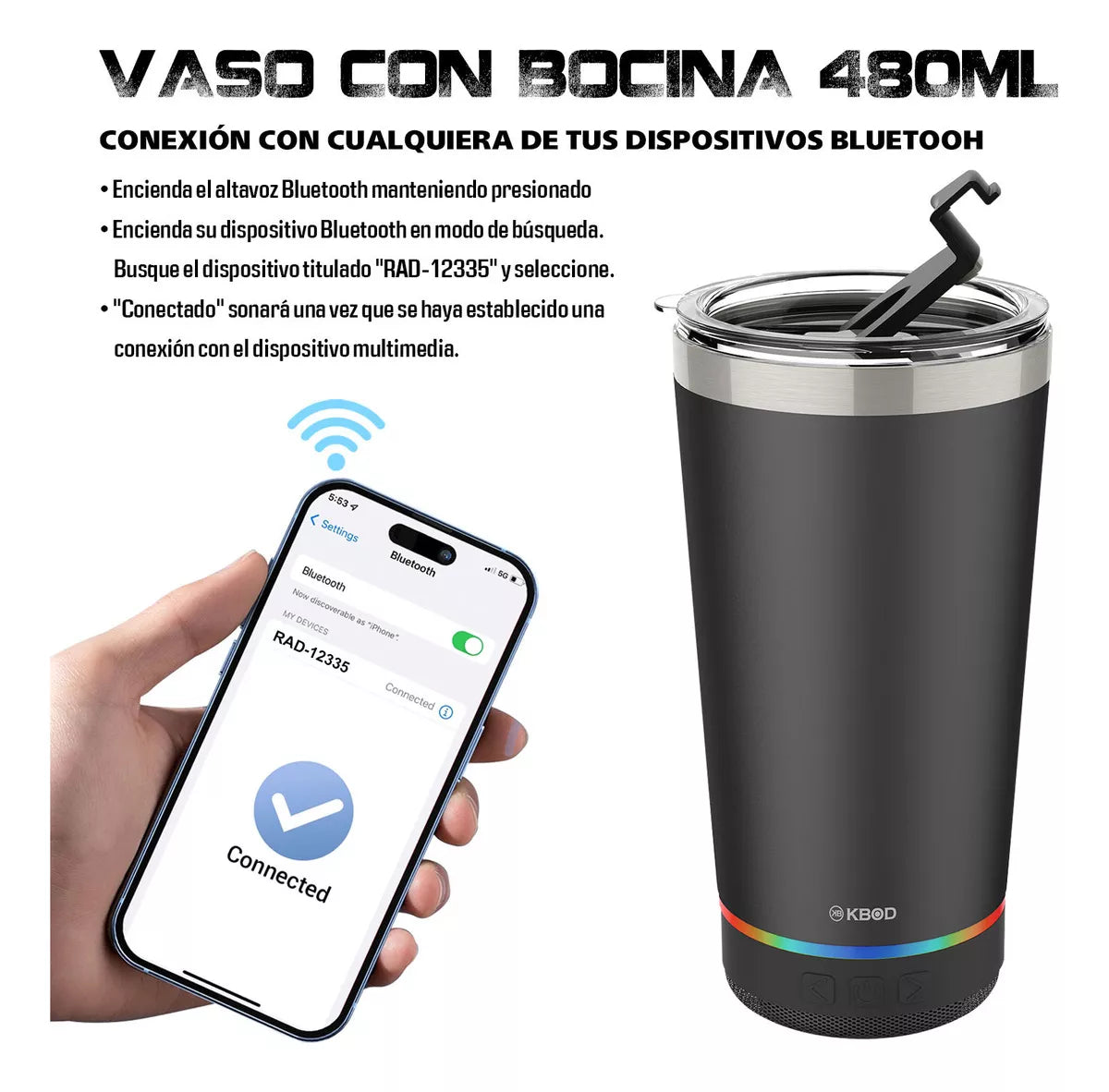Vaso Térmico con Bocina Bluetooth Kbod Rad - 480mmL