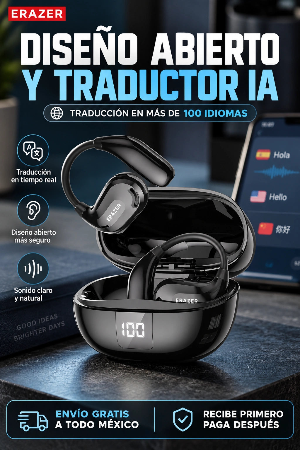 Audífonos Traductores Deportivos Erazer XT66PRO – Resistencia al Sudor, Micrófono y Diseño Abierto