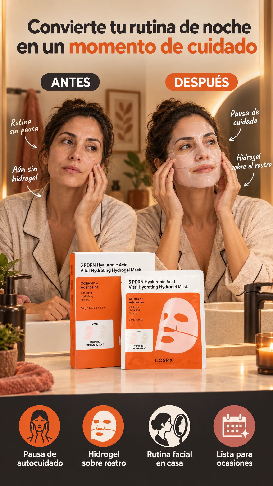Mascarilla facial de hidrogel con PDRN y ácido hialurónico — Convierte tu rutina nocturna en un momento para cuidar la sensación de hidratación