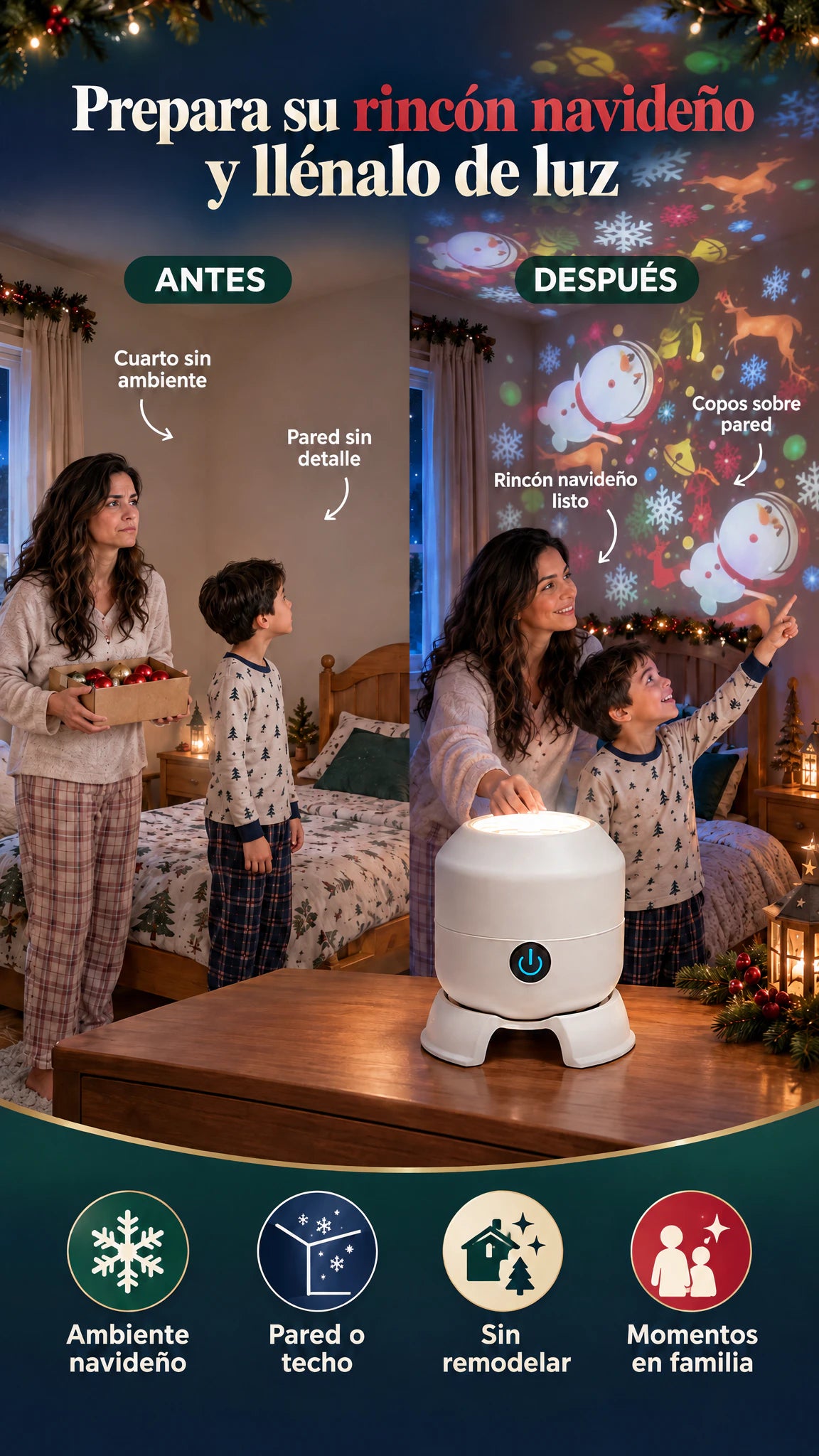 Proyector LED navideño de copos de nieve — Transforma su habitación en un rincón navideño lleno de luz