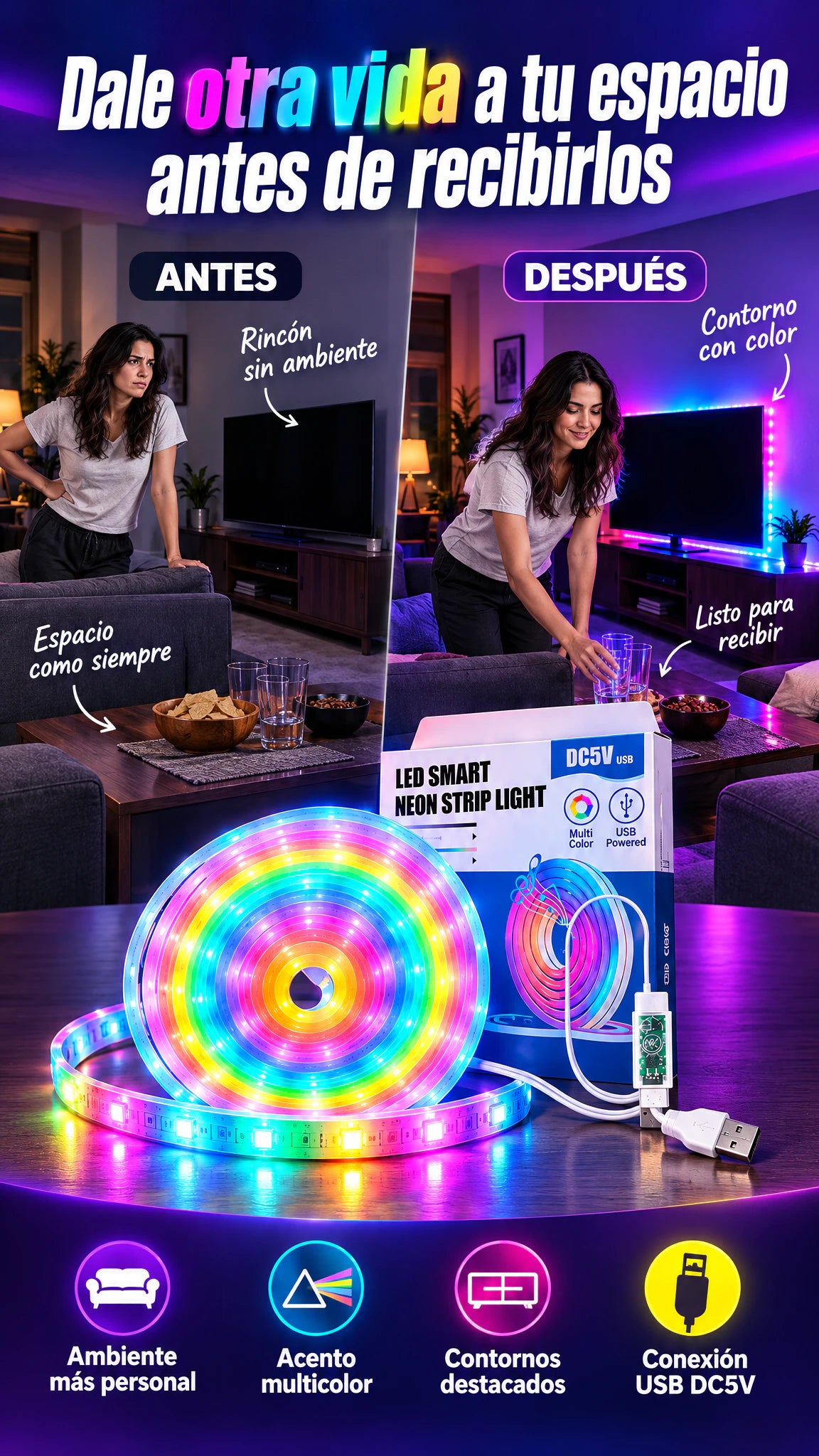 Tira de luz LED multicolor USB — Cambia el ambiente antes de recibir a tus invitados