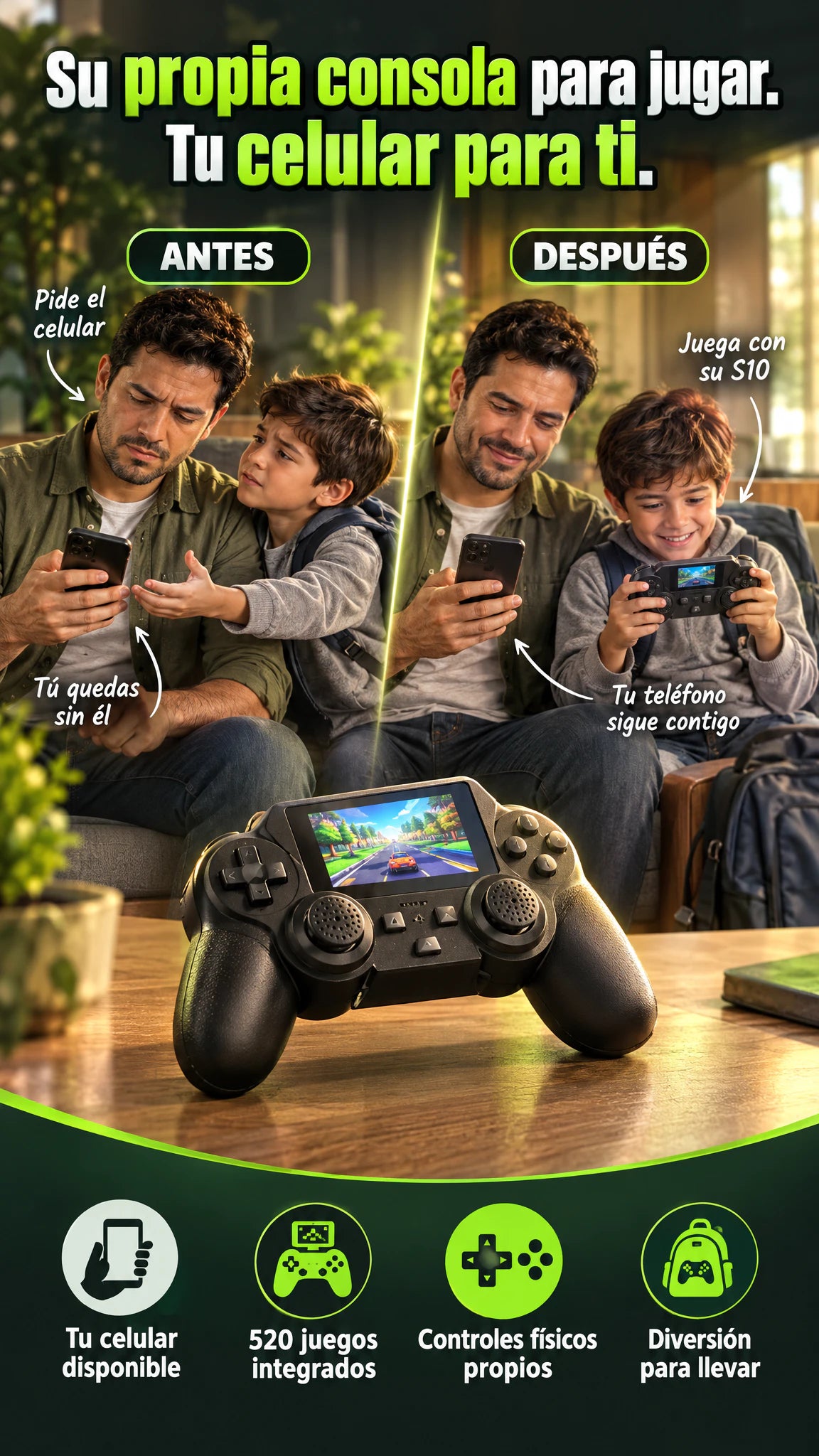 Consola portátil S10 con 520 juegos — Su propia consola para jugar y tu celular para ti