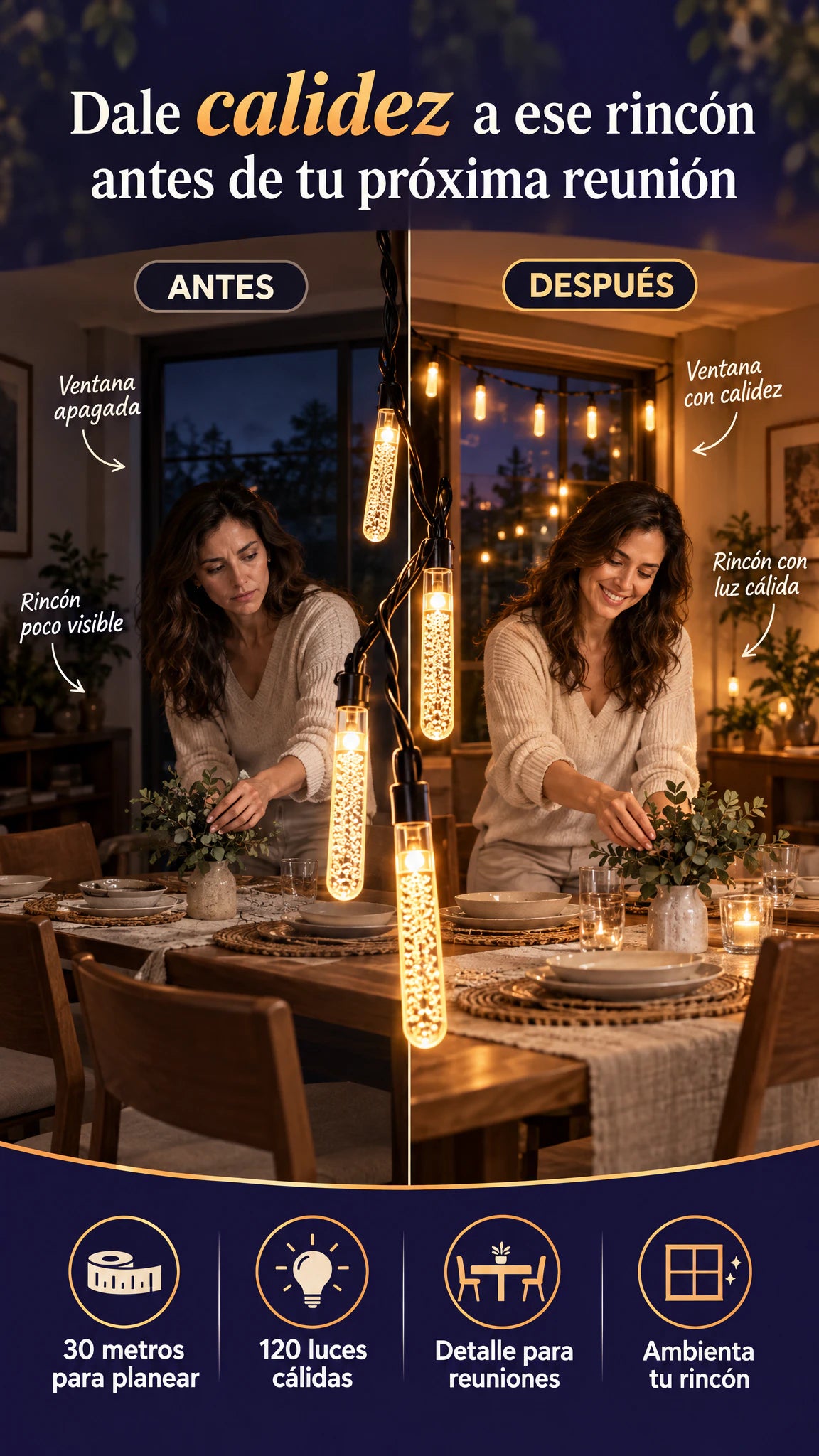 Rollo de luces LED cálidas tipo bola, 30 m y 120 luces: dale calidez a ese rincón que todavía se ve vacío