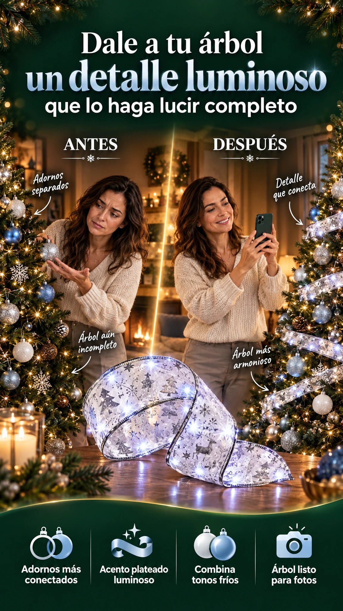 Cinta decorativa navideña plateada con luces LED — Dale al árbol ese detalle luminoso que hace que la decoración se vea terminada