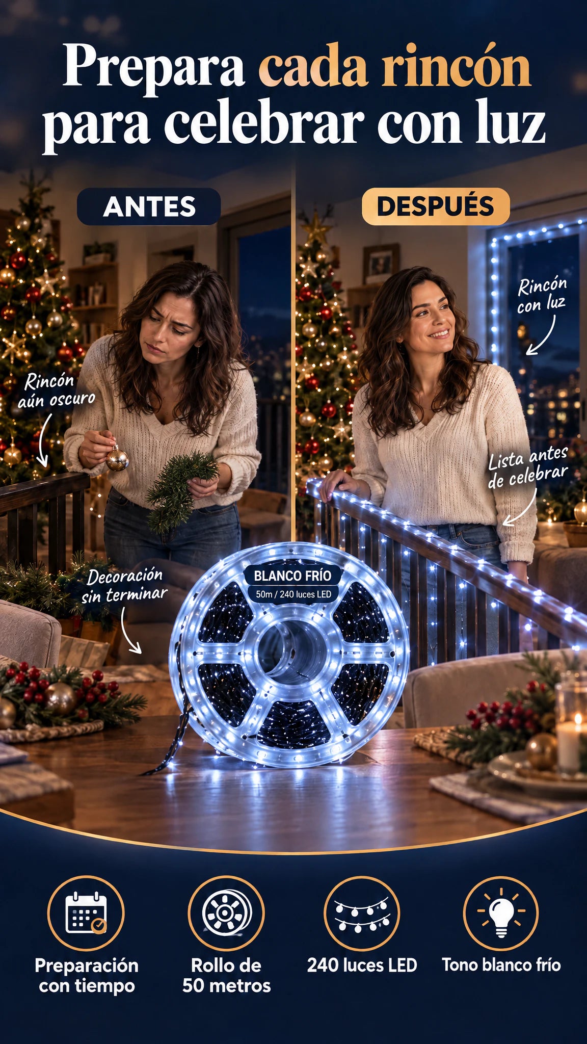 Rollo de luz blanco 50 metros y 240 luces LED — Prepara cada rincón para celebrar con luz.