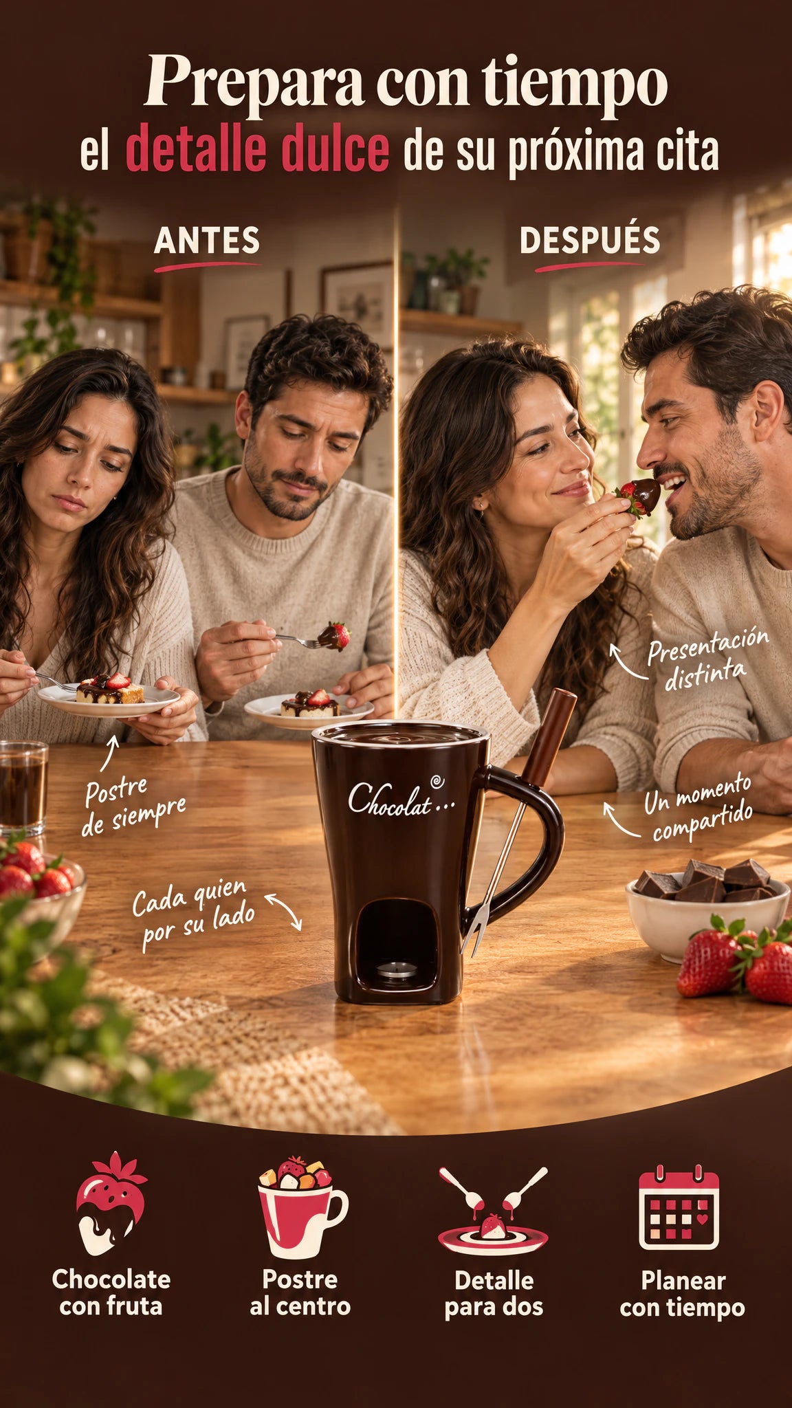 Taza para fondue de chocolate con abertura inferior — Convierte el postre de tu próxima cita en un momento para compartir.