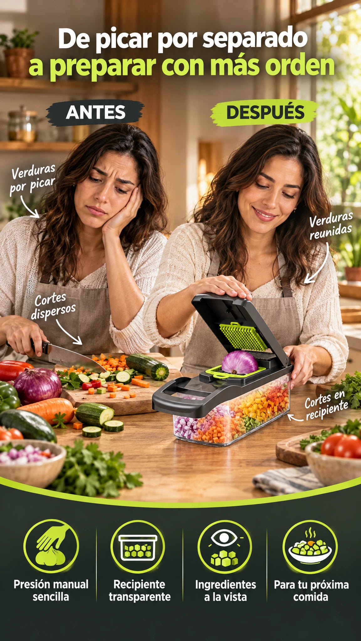 Picador de verduras multifuncional de 16 piezas — Reúne lo preparado mientras alistas tu próxima comida