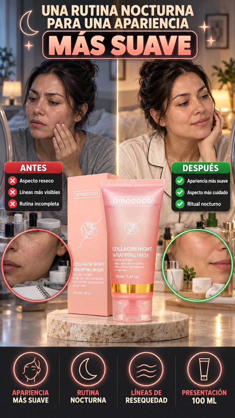 Mascarilla Facial Nocturna Amococo — Apoya una apariencia suave y firme