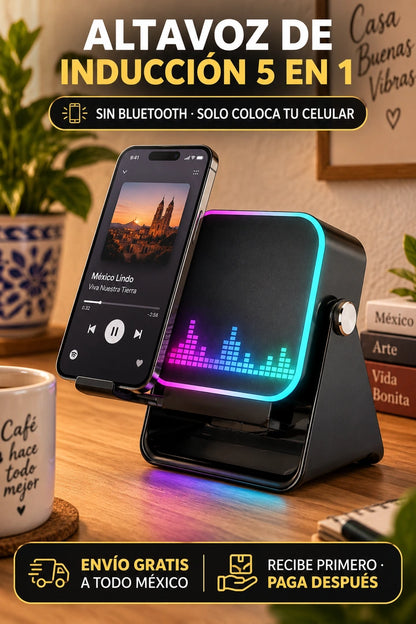Altavoz Inalámbrico 5 en 1: Cargador de Celular, Soporte Magnético y Sonido por Inducción