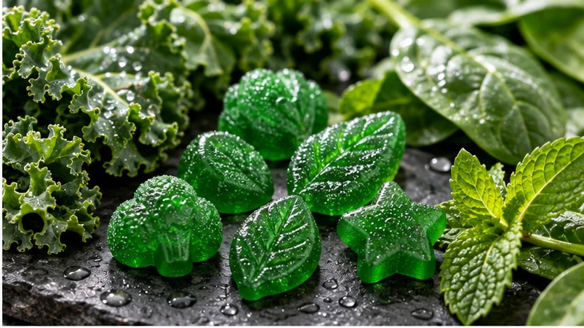 Detalle visual gomitas verdes y vegetales