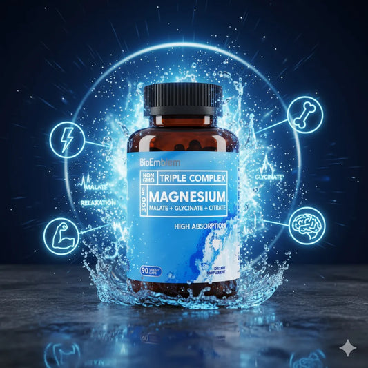 BioEmblem Complejo triple de magnesio de alta absorción 300 mg | Glicinato de magnesio para nervios, malato para energía, suplemento para apoyar la salud muscular |  90cápsulas