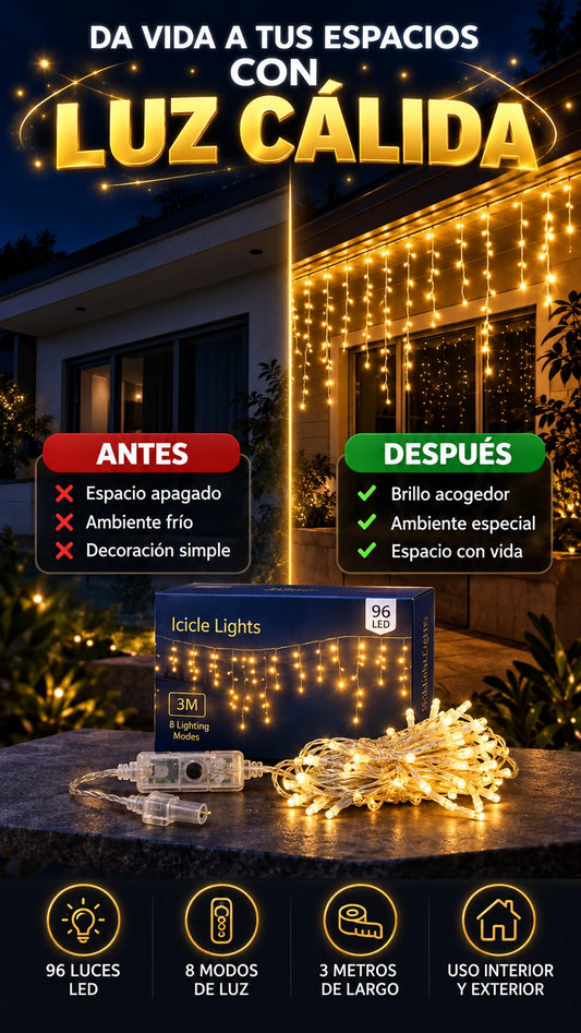 Luz Cortina LED de Hielo 3 m con 96 LEDs — Ilumina tus espacios con calidez