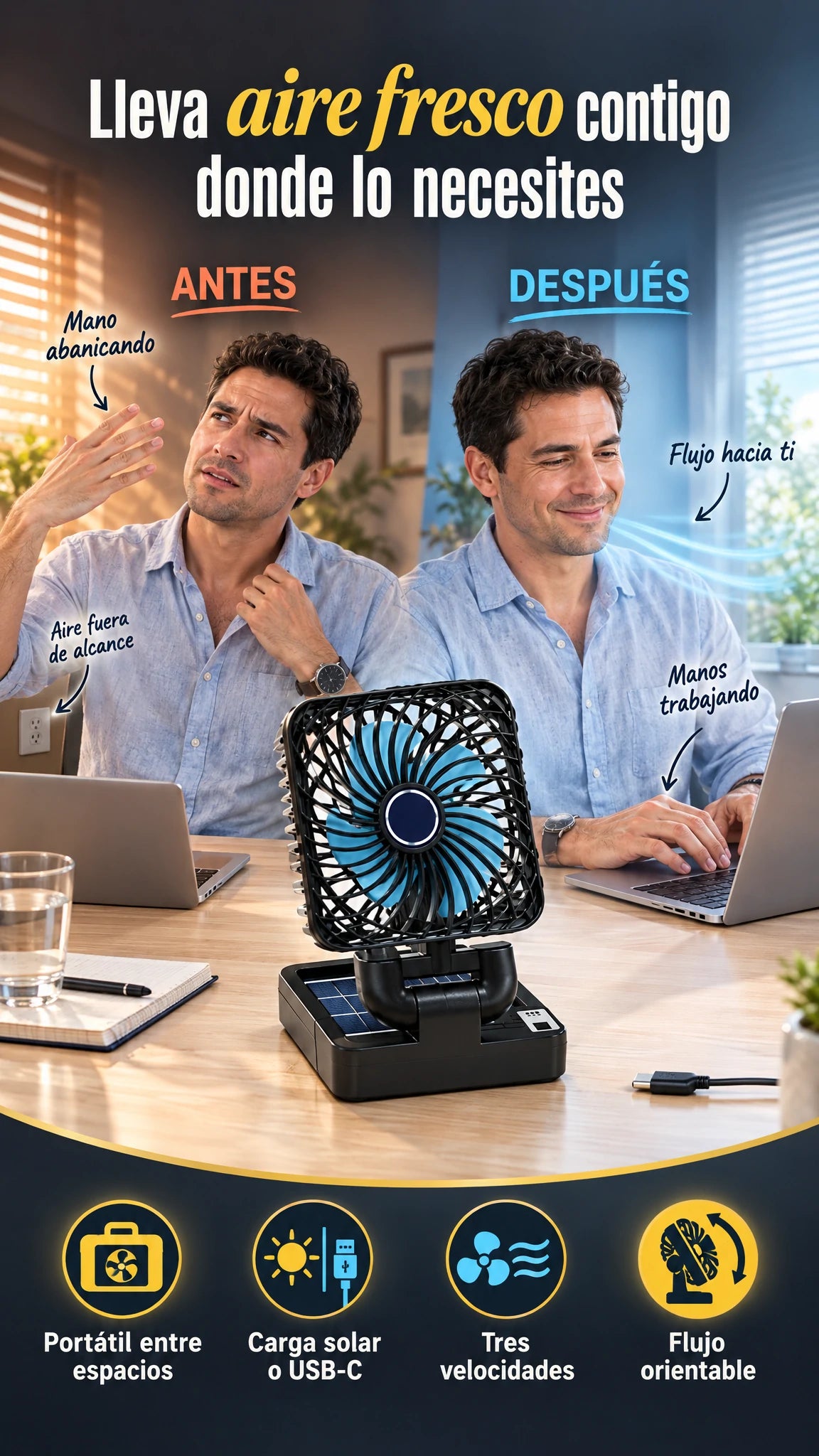 Ventilador portátil solar y USB-C — Lleva aire dirigido donde el calor te alcance