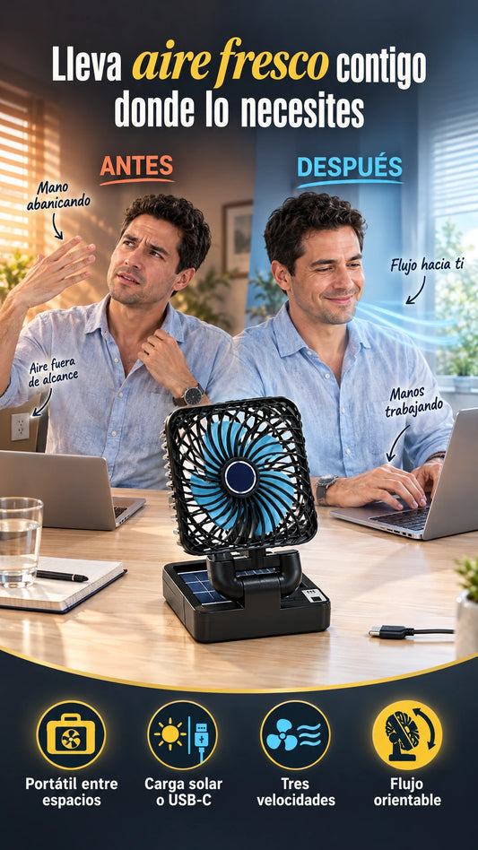 Ventilador portátil solar y USB-C — Lleva aire dirigido donde el calor te alcance