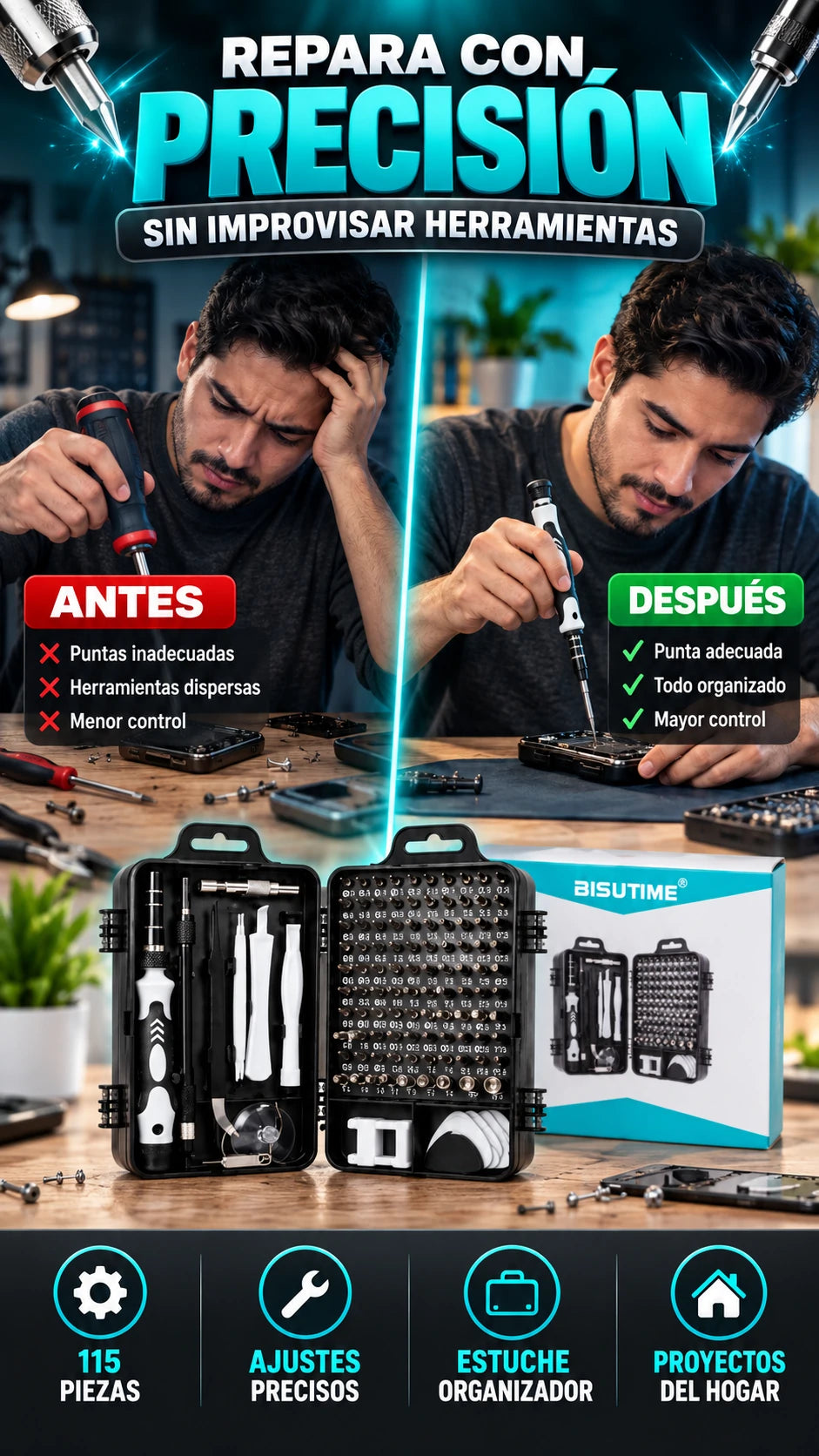 Kit de Destornilladores de Precisión 115 en 1 — Resuelve reparaciones con mayor facilidad